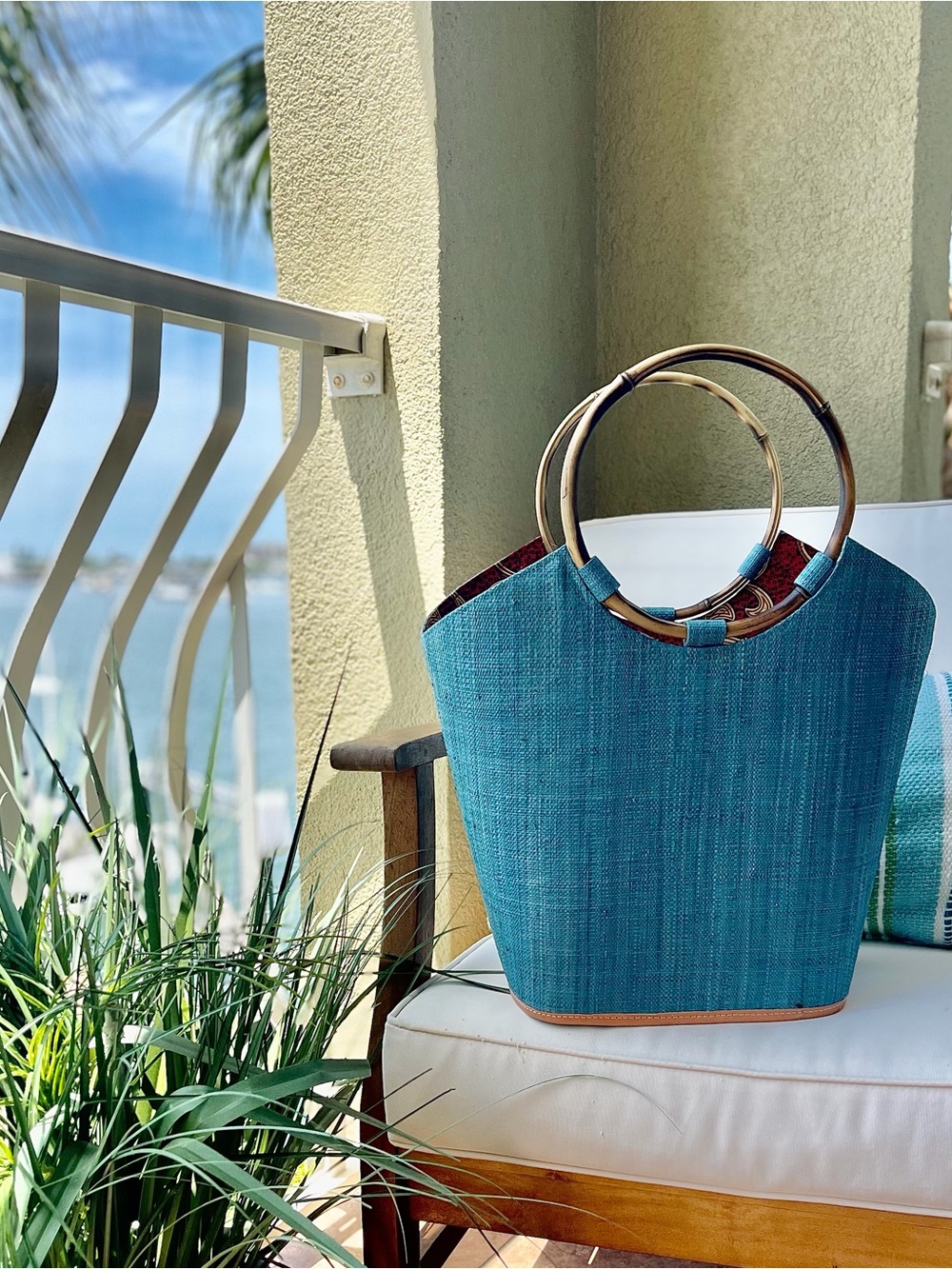 Authentic Artisan Handmade Blue Woven Tote Bag with Bamboo Ring Handles